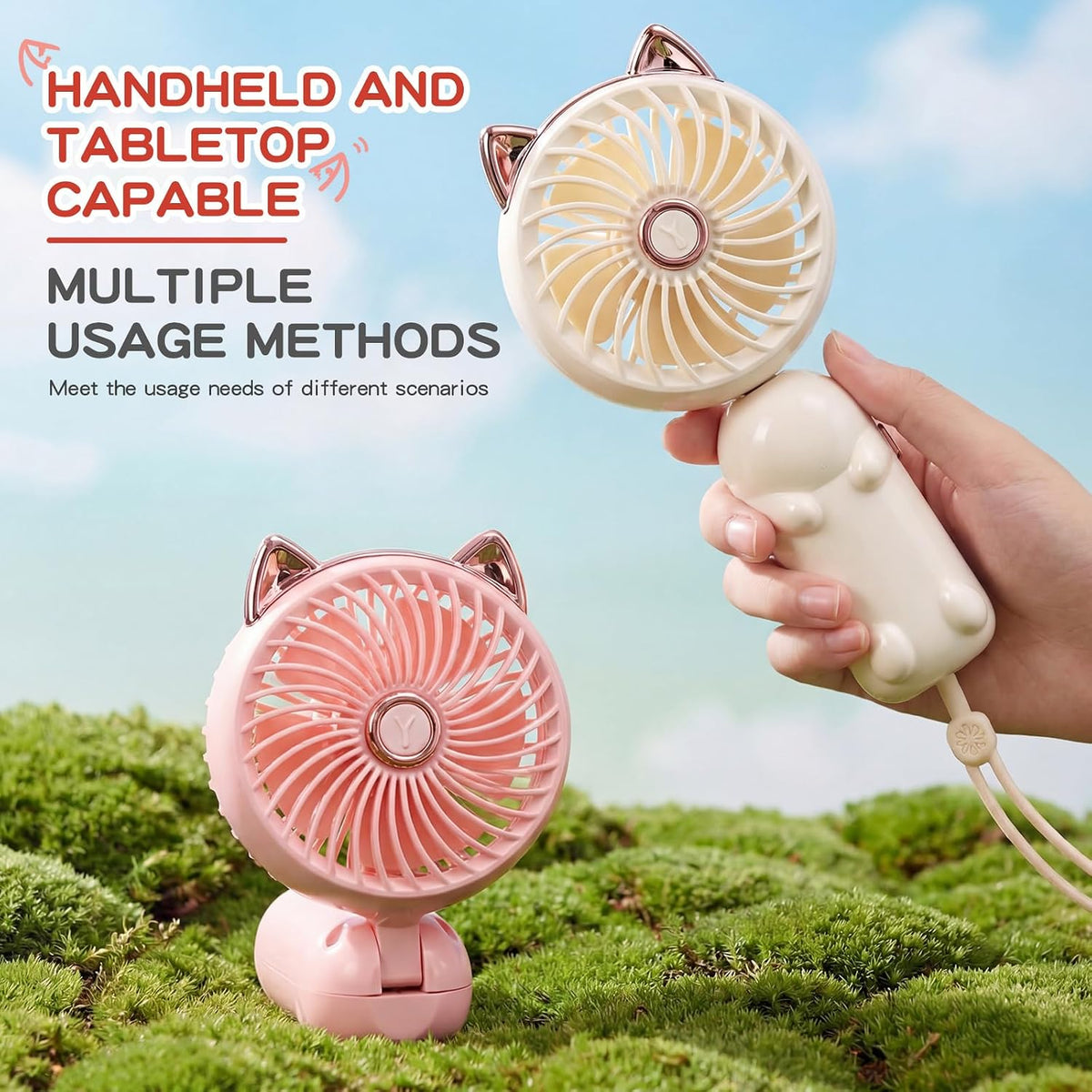 2 Pcs Mini Handheld Fan Cat, Pink, Beige