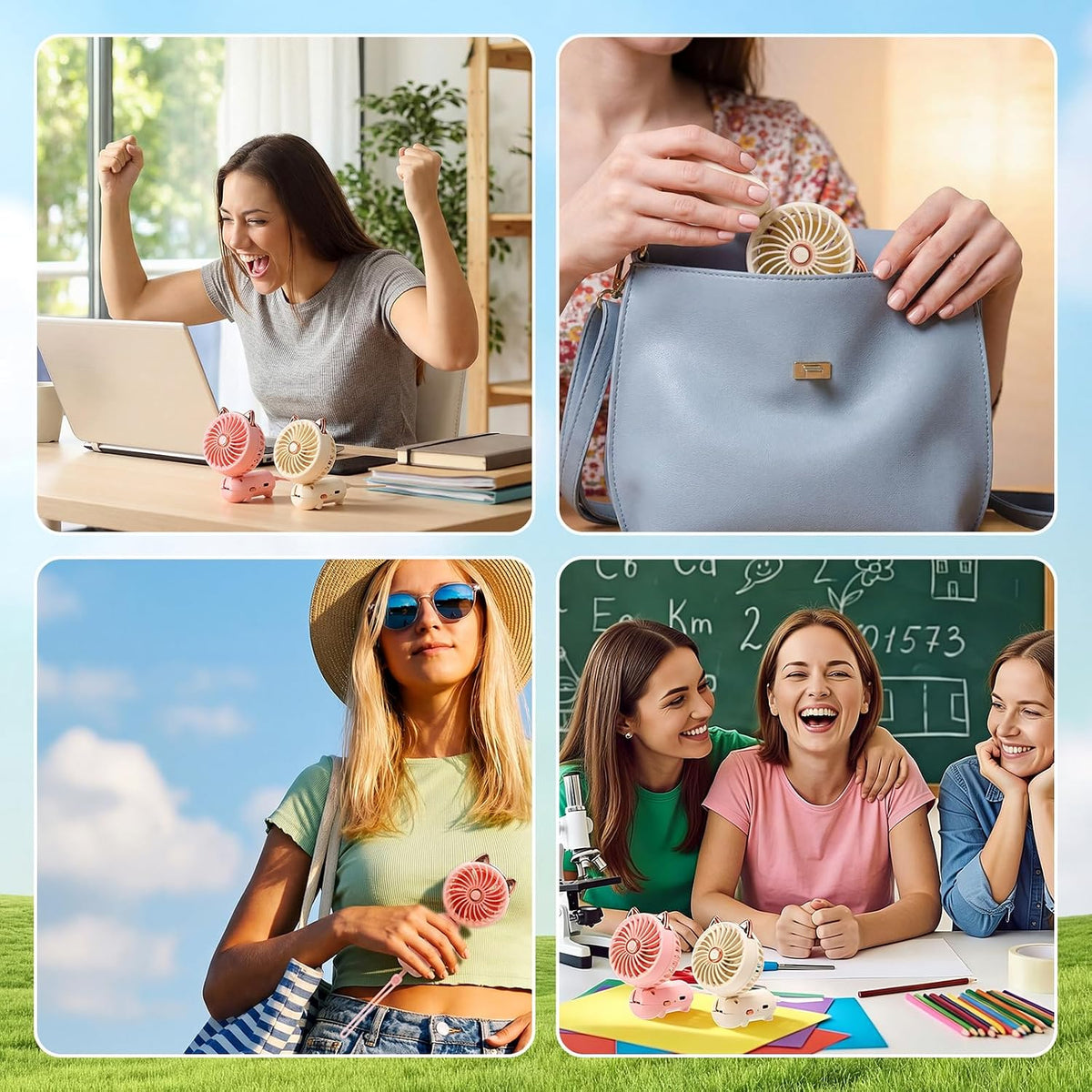 2 Pcs Mini Handheld Fan Cat, Pink, Beige