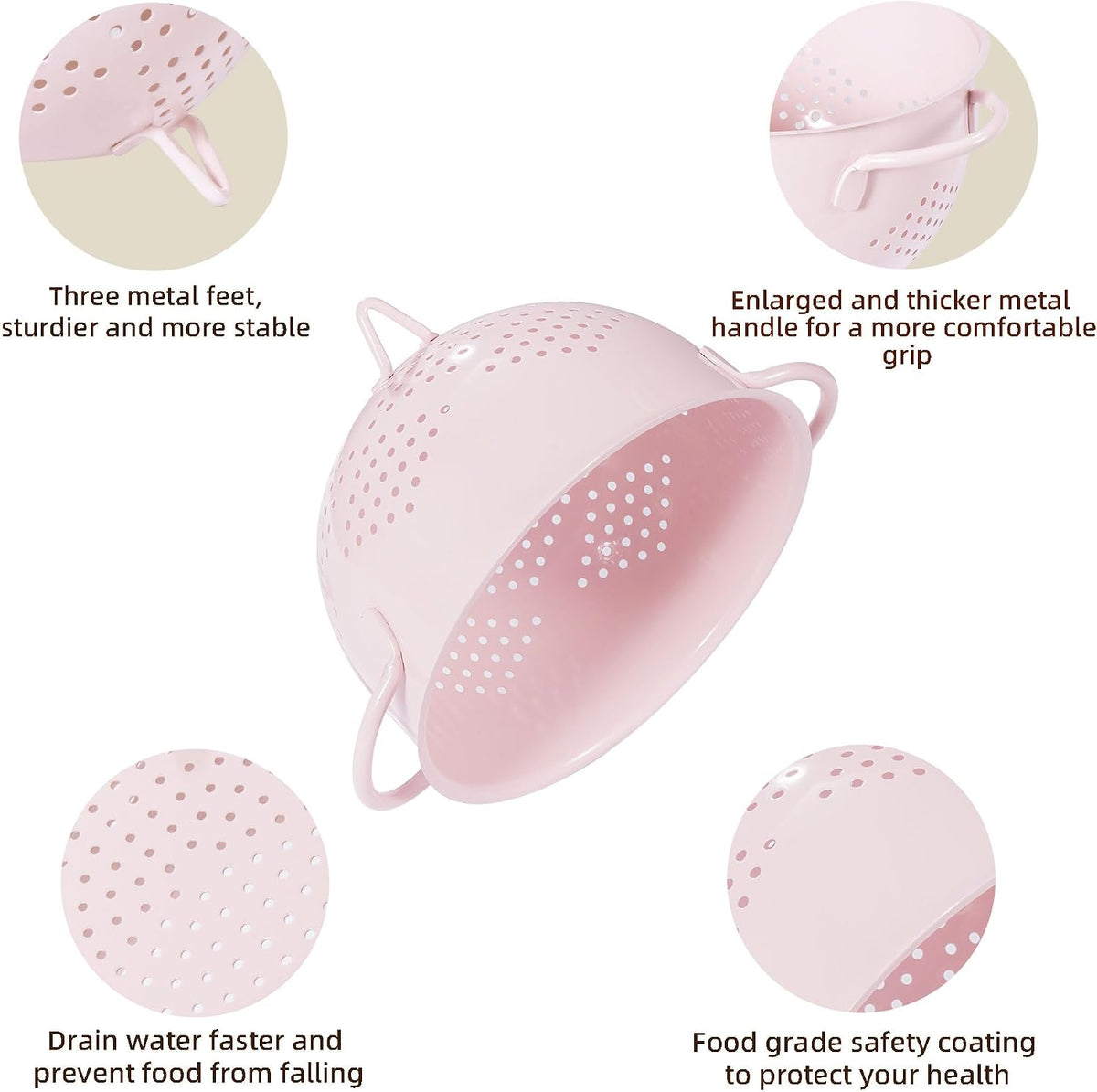 Metal Colander 5 Quart Powder Coated Self-draining Metal Strainer with Base,Kitchen Pasta Fruit Vegetable Basket with Double Handles (Pink)