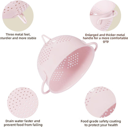 Metal Colander 5 Quart Powder Coated Self-draining Metal Strainer with Base,Kitchen Pasta Fruit Vegetable Basket with Double Handles (Pink)