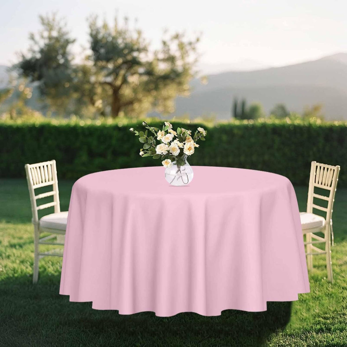 2 Pack Light Pink Round Tablecloth 84 x 84 Inch Circle Plastic Table Cover Disposable Table Cloth for Baby Shower Wedding Birthday Party Picnic Round Pink Tablecloth