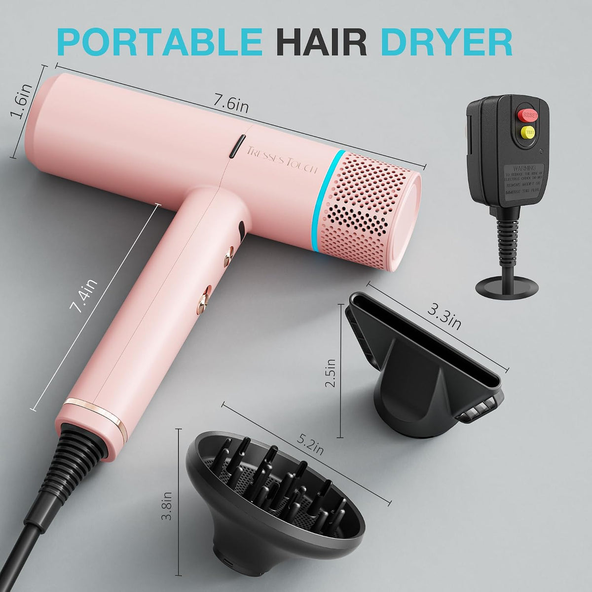 Ionic Hair Dryer with Diffuser and Concentrator, Professional Lightweight Quiet Blow Dryer, Powerful 1600 Watt Motor for Fast Drying and Straight & Wavy Hair, 3 Temps/2 Speeds, 6.56 Ft Cord, Pink