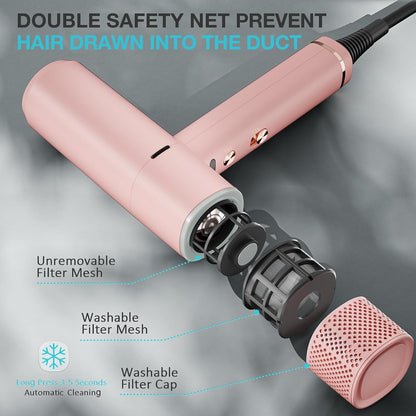 Ionic Hair Dryer with Diffuser and Concentrator, Professional Lightweight Quiet Blow Dryer, Powerful 1600 Watt Motor for Fast Drying and Straight & Wavy Hair, 3 Temps/2 Speeds, 6.56 Ft Cord, Pink