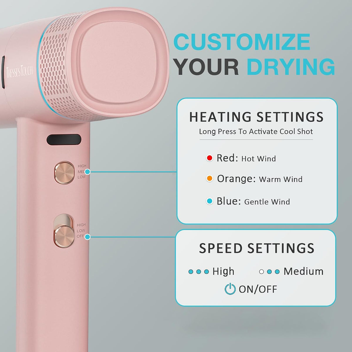 Ionic Hair Dryer with Diffuser and Concentrator, Professional Lightweight Quiet Blow Dryer, Powerful 1600 Watt Motor for Fast Drying and Straight & Wavy Hair, 3 Temps/2 Speeds, 6.56 Ft Cord, Pink
