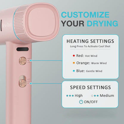 Ionic Hair Dryer with Diffuser and Concentrator, Professional Lightweight Quiet Blow Dryer, Powerful 1600 Watt Motor for Fast Drying and Straight & Wavy Hair, 3 Temps/2 Speeds, 6.56 Ft Cord, Pink
