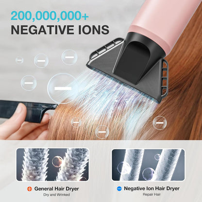 Ionic Hair Dryer with Diffuser and Concentrator, Professional Lightweight Quiet Blow Dryer, Powerful 1600 Watt Motor for Fast Drying and Straight & Wavy Hair, 3 Temps/2 Speeds, 6.56 Ft Cord, Pink