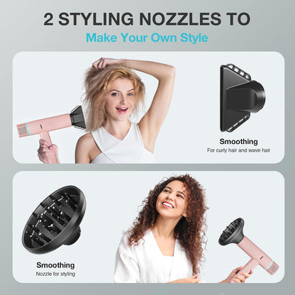 Ionic Hair Dryer with Diffuser and Concentrator, Professional Lightweight Quiet Blow Dryer, Powerful 1600 Watt Motor for Fast Drying and Straight & Wavy Hair, 3 Temps/2 Speeds, 6.56 Ft Cord, Pink