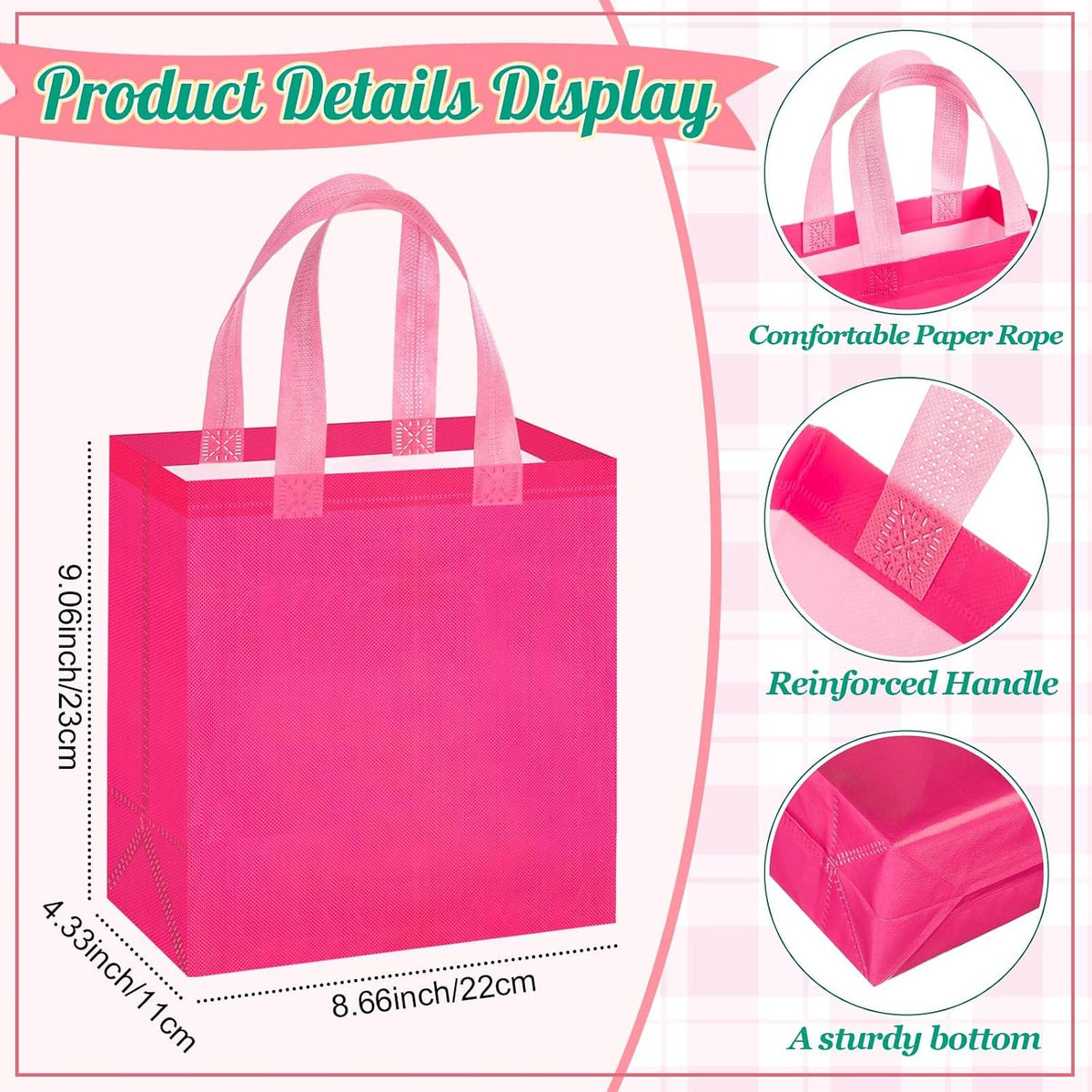 16 Pcs Pink Gift Bags, Reusable Non-woven Tote with Handles