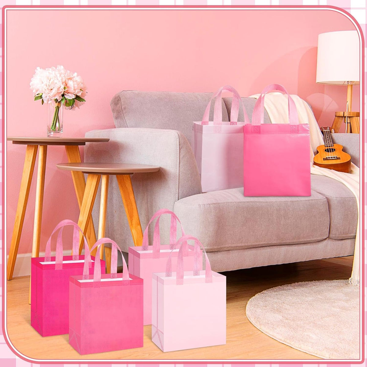 16 Pcs Pink Gift Bags, Reusable Non-woven Tote with Handles