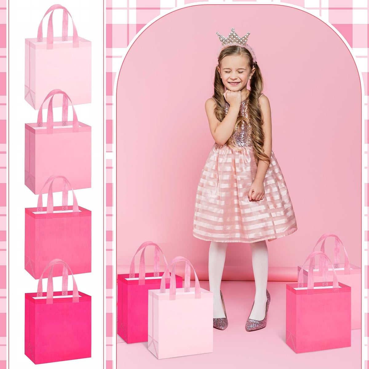 16 Pcs Pink Gift Bags, Reusable Non-woven Tote with Handles