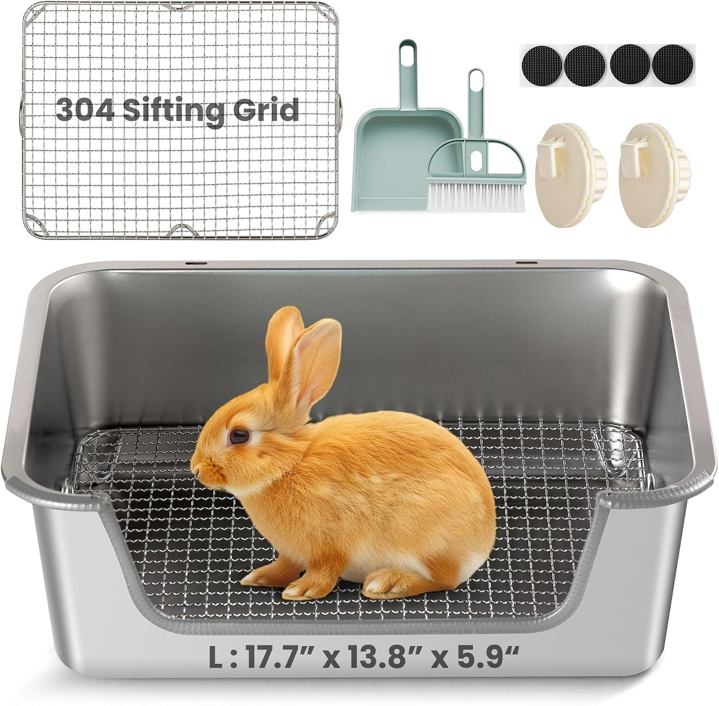 Rabbit Litter Box, Extra Large Bunny Litter Box with 304 Stainless Steel Sifting Tray & Hooks, Rabbit Litter Box, Easy to Clean and Odor Control (17.7" × 13.8" × 5.9")