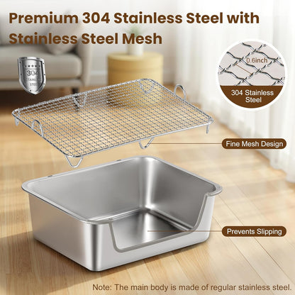 Rabbit Litter Box, Extra Large Bunny Litter Box with 304 Stainless Steel Sifting Tray & Hooks, Rabbit Litter Box, Easy to Clean and Odor Control (17.7" × 13.8" × 5.9")