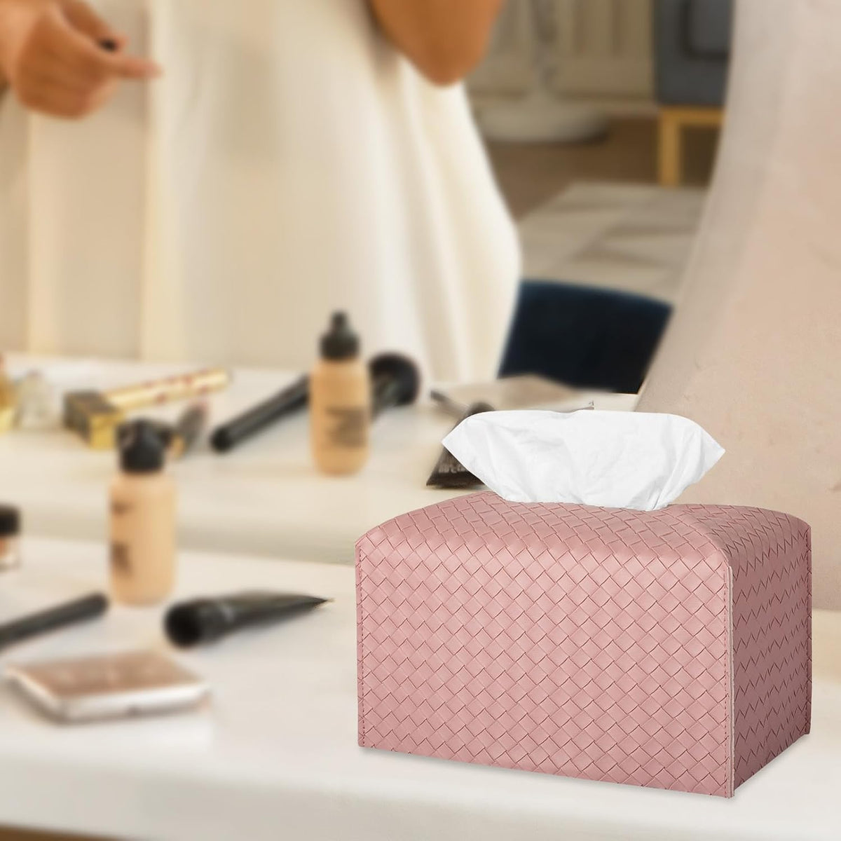 Tissue Box Cover Rectangle Leather Facial Paper Holder, Pink