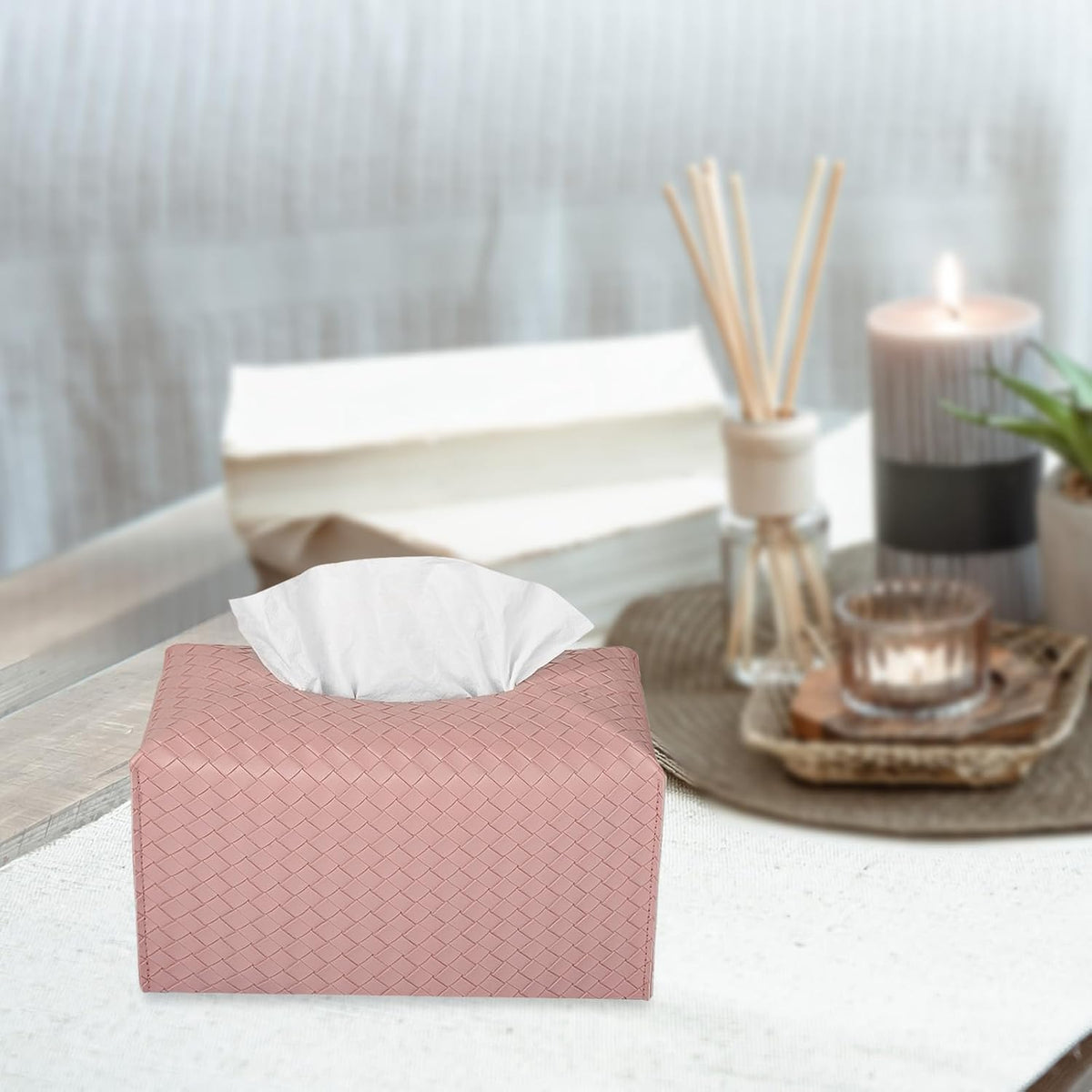 Tissue Box Cover Rectangle Leather Facial Paper Holder, Pink