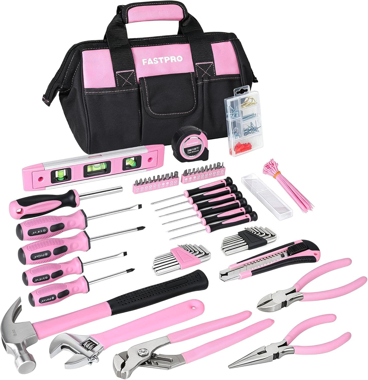 215-Piece Pink Tool Set, Home Repairing Tool Set with Bag, Pink