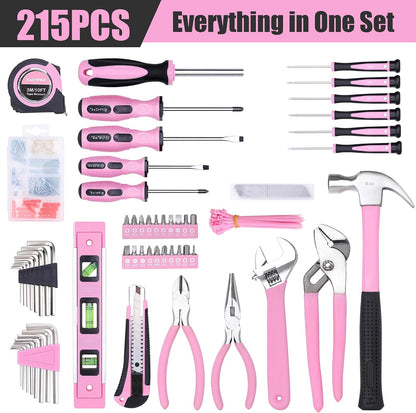 215-Piece Pink Tool Set, Home Repairing Tool Set with Bag, Pink