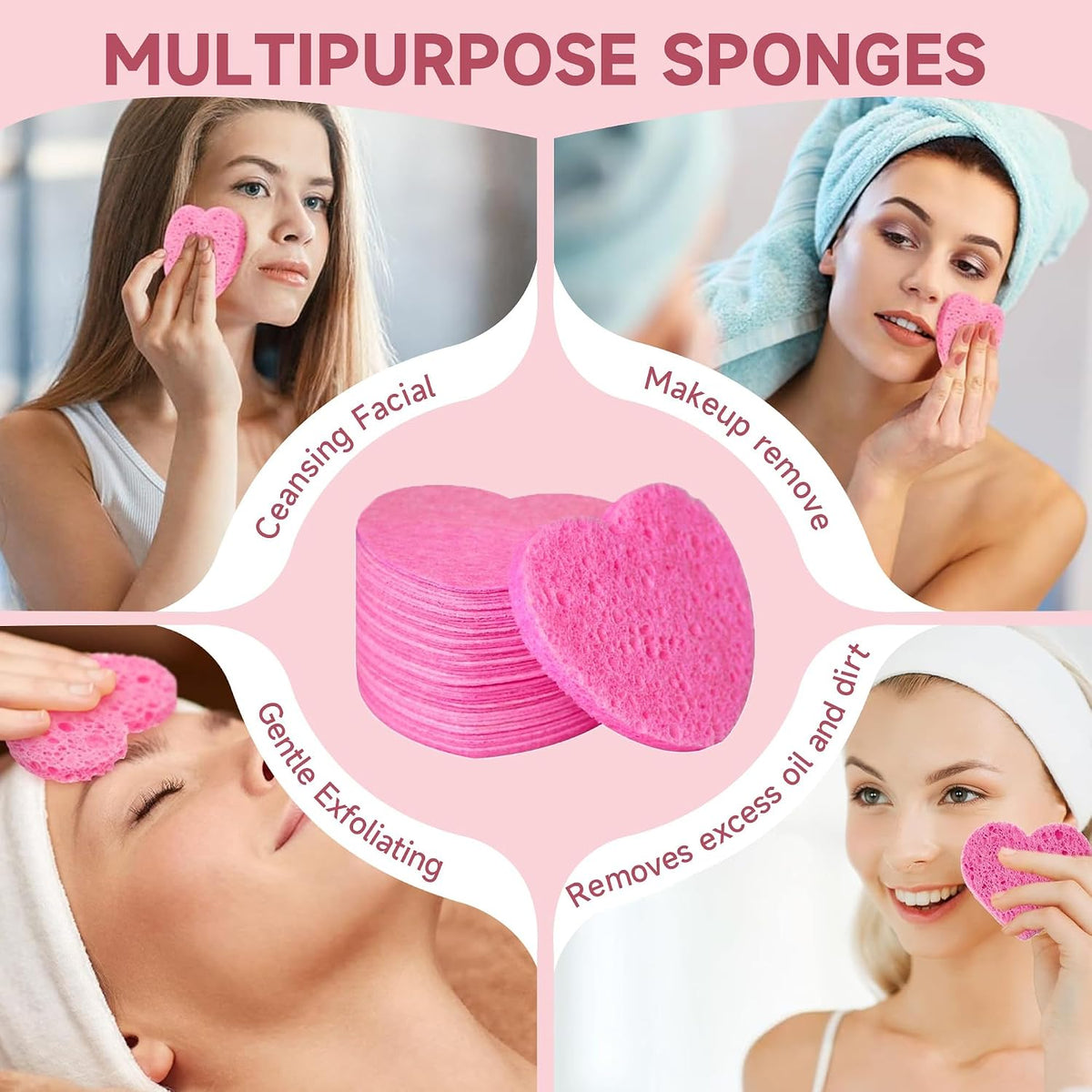 100 Count Compressed Facial Sponges 100% Natural Cellulose Eco-Friendly Makeup Sponges for Gentle Cleansing, Exfoliating & Stubborn Makeup Removal Travel for Women (pink)