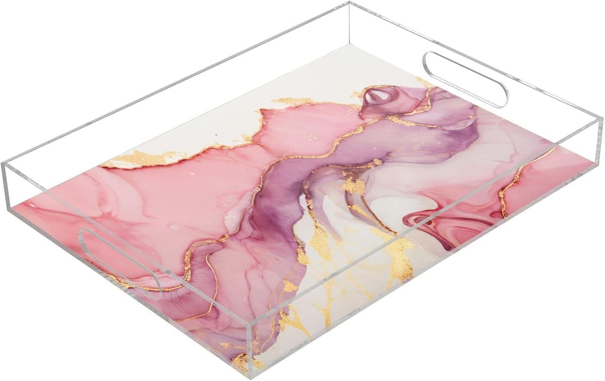 Marble Abstract Pink Gold Serving Tray Acrylic Decorative Trays 16" x 12" Serving Platter with Handles for Coffee Table, Dessert Party, Bathroom Vanity Countertop