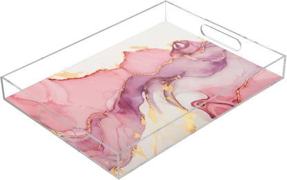 Marble Abstract Pink Gold Serving Tray Acrylic Decorative Trays 16" x 12" Serving Platter with Handles for Coffee Table, Dessert Party, Bathroom Vanity Countertop