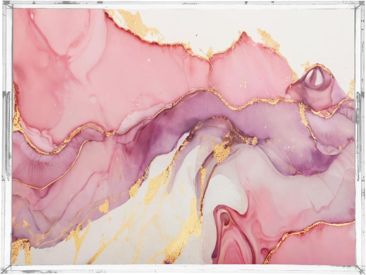 Marble Abstract Pink Gold Serving Tray Acrylic Decorative Trays 16" x 12" Serving Platter with Handles for Coffee Table, Dessert Party, Bathroom Vanity Countertop
