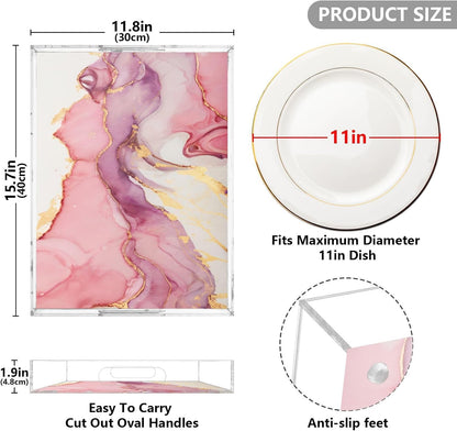 Marble Abstract Pink Gold Serving Tray Acrylic Decorative Trays 16" x 12" Serving Platter with Handles for Coffee Table, Dessert Party, Bathroom Vanity Countertop