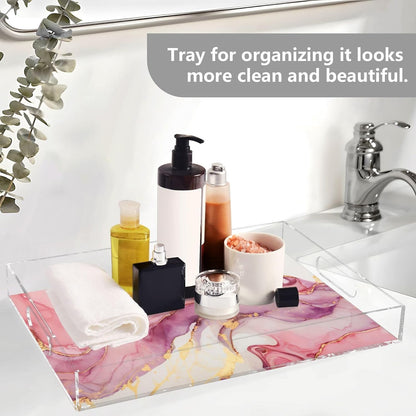 Marble Abstract Pink Gold Serving Tray Acrylic Decorative Trays 16" x 12" Serving Platter with Handles for Coffee Table, Dessert Party, Bathroom Vanity Countertop