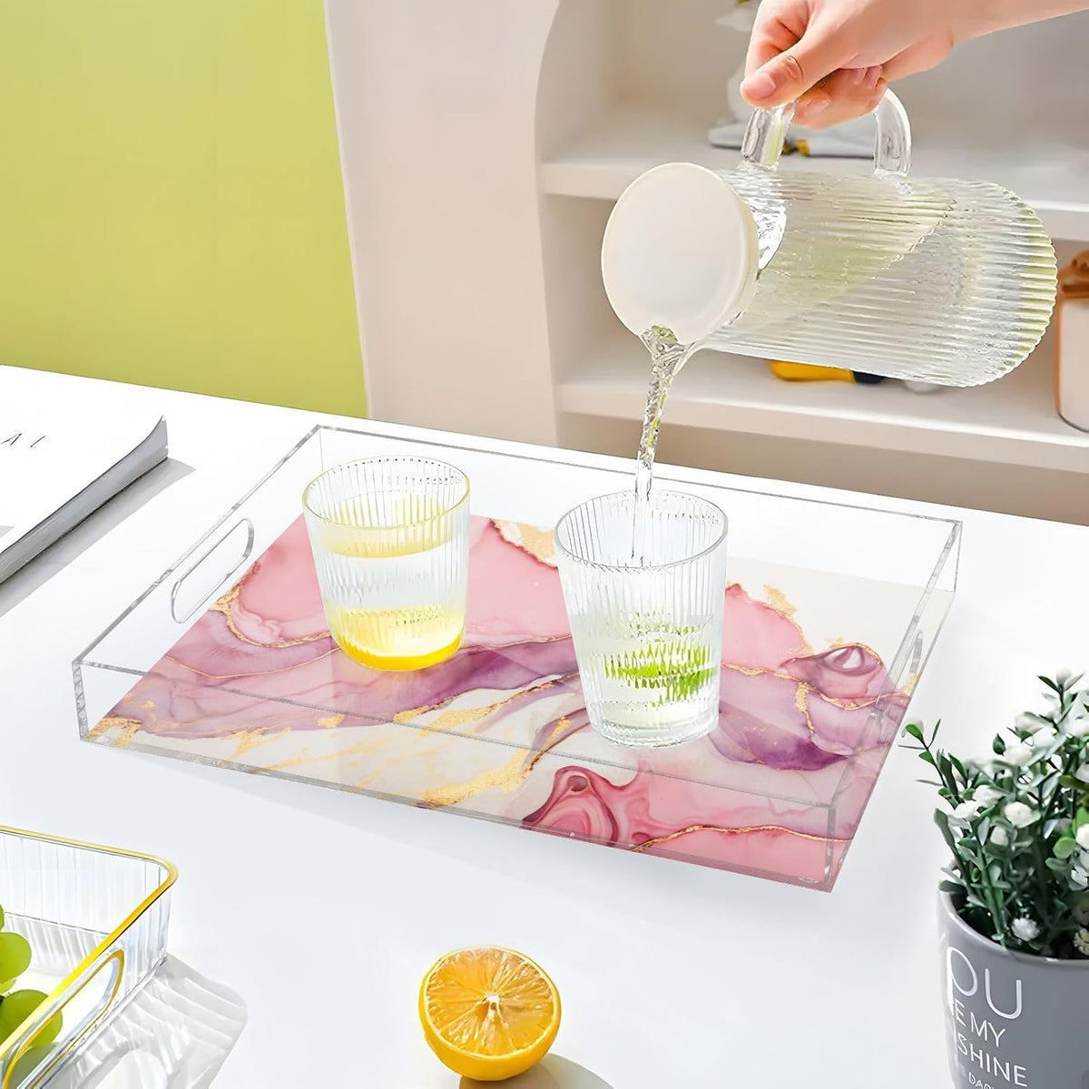 Marble Abstract Pink Gold Serving Tray Acrylic Decorative Trays 16" x 12" Serving Platter with Handles for Coffee Table, Dessert Party, Bathroom Vanity Countertop