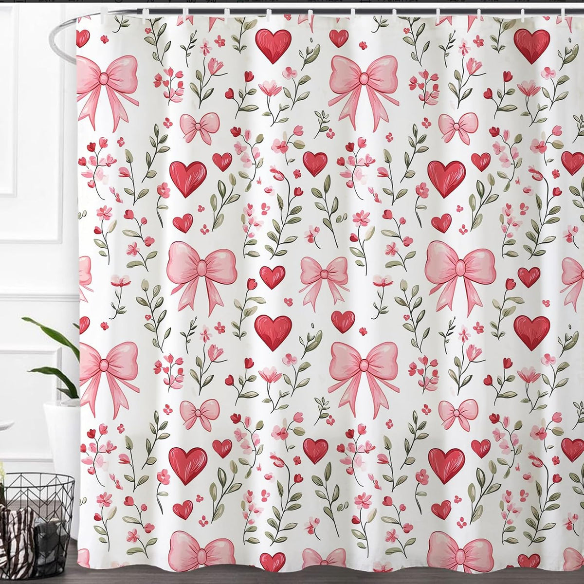 Pink Bows Shower Curtain,Pink Love Hearts Bows Girly Shower Curtains Bathroom Bath Home Valentines Day Decor Waterproof Polyester Fabric with Hooks 72 W x72 H Inch