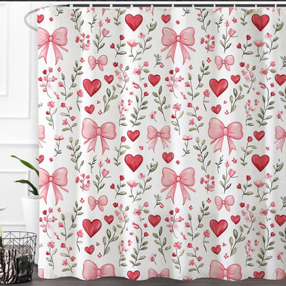 Pink Bows Shower Curtain,Pink Love Hearts Bows Girly Shower Curtains Bathroom Bath Home Valentines Day Decor Waterproof Polyester Fabric with Hooks 72 W x72 H Inch