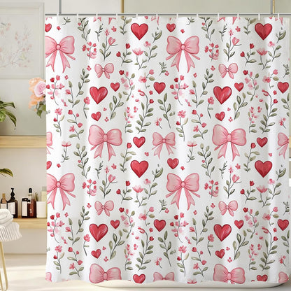 Pink Bows Shower Curtain,Pink Love Hearts Bows Girly Shower Curtains Bathroom Bath Home Valentines Day Decor Waterproof Polyester Fabric with Hooks 72 W x72 H Inch