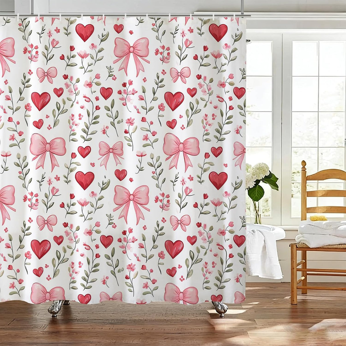 Pink Bows Shower Curtain,Pink Love Hearts Bows Girly Shower Curtains Bathroom Bath Home Valentines Day Decor Waterproof Polyester Fabric with Hooks 72 W x72 H Inch