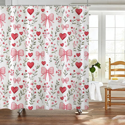 Pink Bows Shower Curtain,Pink Love Hearts Bows Girly Shower Curtains Bathroom Bath Home Valentines Day Decor Waterproof Polyester Fabric with Hooks 72 W x72 H Inch