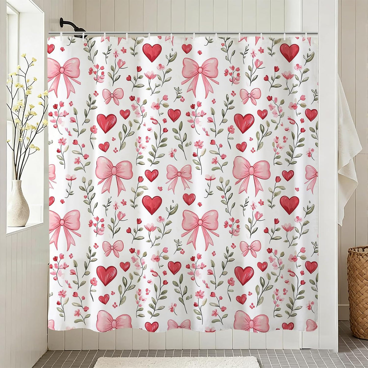 Pink Bows Shower Curtain,Pink Love Hearts Bows Girly Shower Curtains Bathroom Bath Home Valentines Day Decor Waterproof Polyester Fabric with Hooks 72 W x72 H Inch