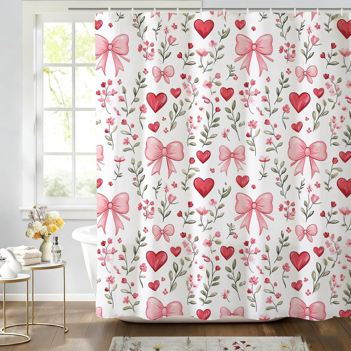 Pink Bows Shower Curtain,Pink Love Hearts Bows Girly Shower Curtains Bathroom Bath Home Valentines Day Decor Waterproof Polyester Fabric with Hooks 72 W x72 H Inch