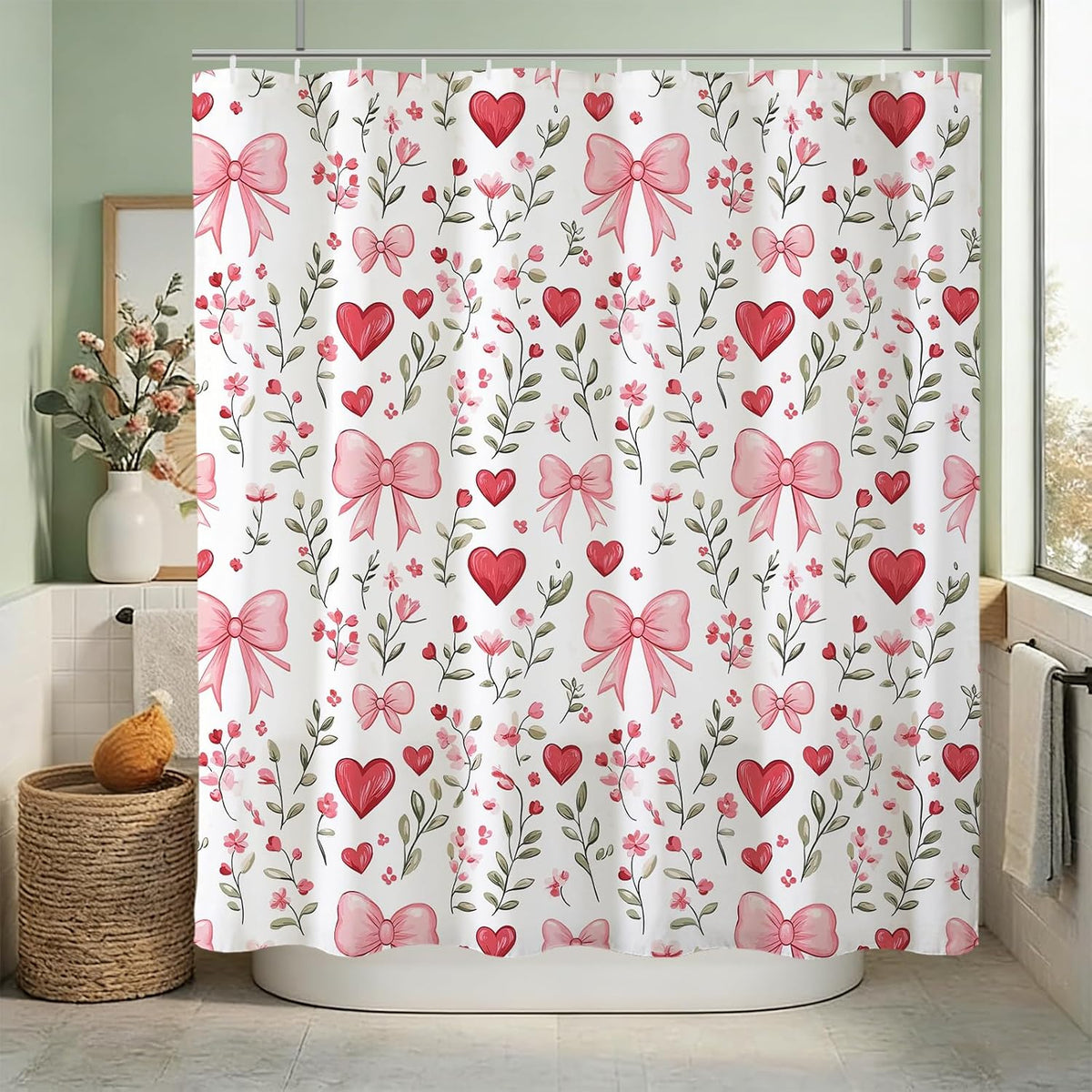 Pink Bows Shower Curtain,Pink Love Hearts Bows Girly Shower Curtains Bathroom Bath Home Valentines Day Decor Waterproof Polyester Fabric with Hooks 72 W x72 H Inch