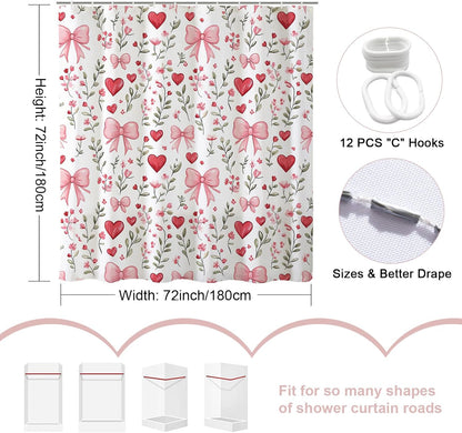 Pink Bows Shower Curtain,Pink Love Hearts Bows Girly Shower Curtains Bathroom Bath Home Valentines Day Decor Waterproof Polyester Fabric with Hooks 72 W x72 H Inch