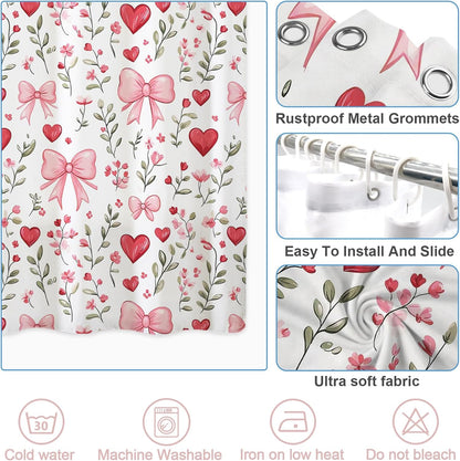 Pink Bows Shower Curtain,Pink Love Hearts Bows Girly Shower Curtains Bathroom Bath Home Valentines Day Decor Waterproof Polyester Fabric with Hooks 72 W x72 H Inch