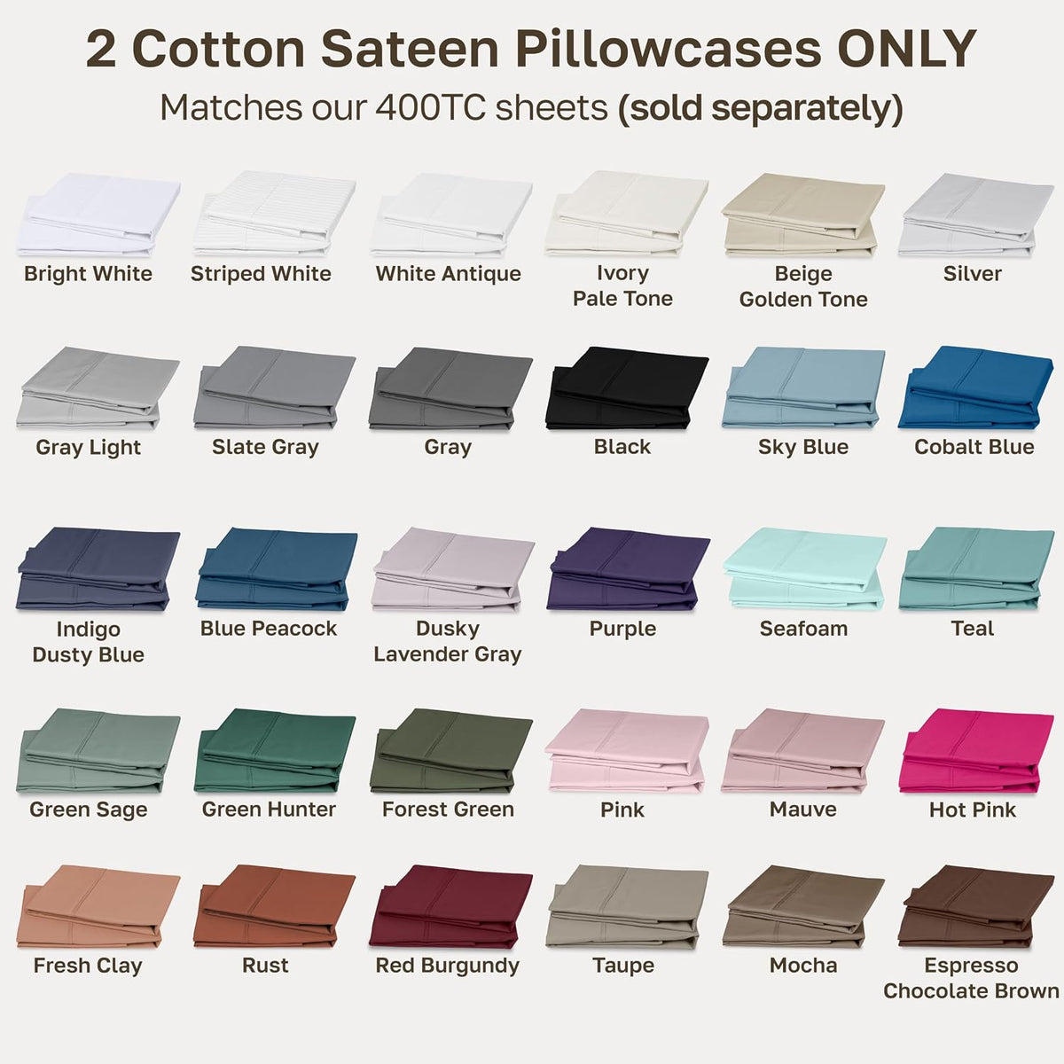 2-Pack Pillowcases Standard Size, 100% Cotton Sateen