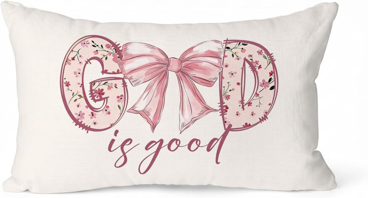 Pink Bow Christian Throw Pillow Cover, 12x20 Inch