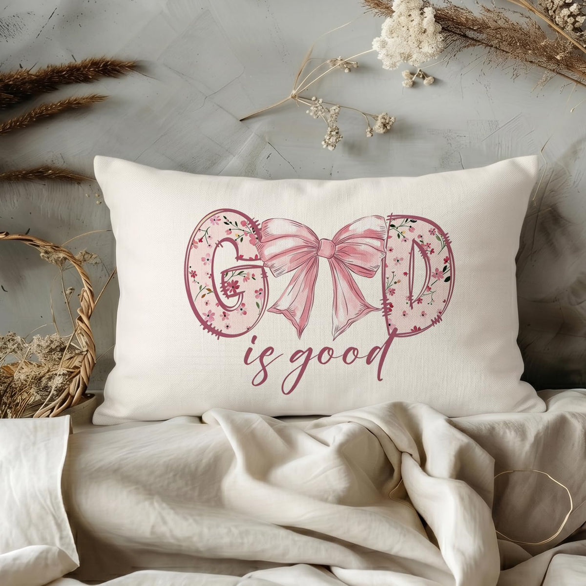 Pink Bow Christian Throw Pillow Cover, 12x20 Inch
