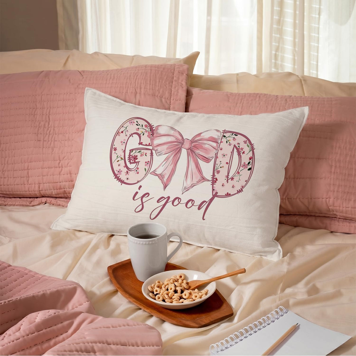 Pink Bow Christian Throw Pillow Cover, 12x20 Inch