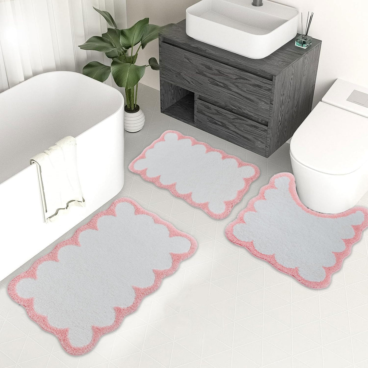 Urltmaji Scalloped Bathroom Rugs Sets 3 Piece, Non-Slip Cute Bath Mat with U-Shaped Contour Quick Dry Absorbent Plush Microfiber Pink Toilet Mats Fun Machine Washable Bath Rug for Sink Tub Shower