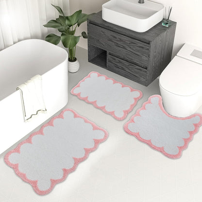 Urltmaji Scalloped Bathroom Rugs Sets 3 Piece, Non-Slip Cute Bath Mat with U-Shaped Contour Quick Dry Absorbent Plush Microfiber Pink Toilet Mats Fun Machine Washable Bath Rug for Sink Tub Shower