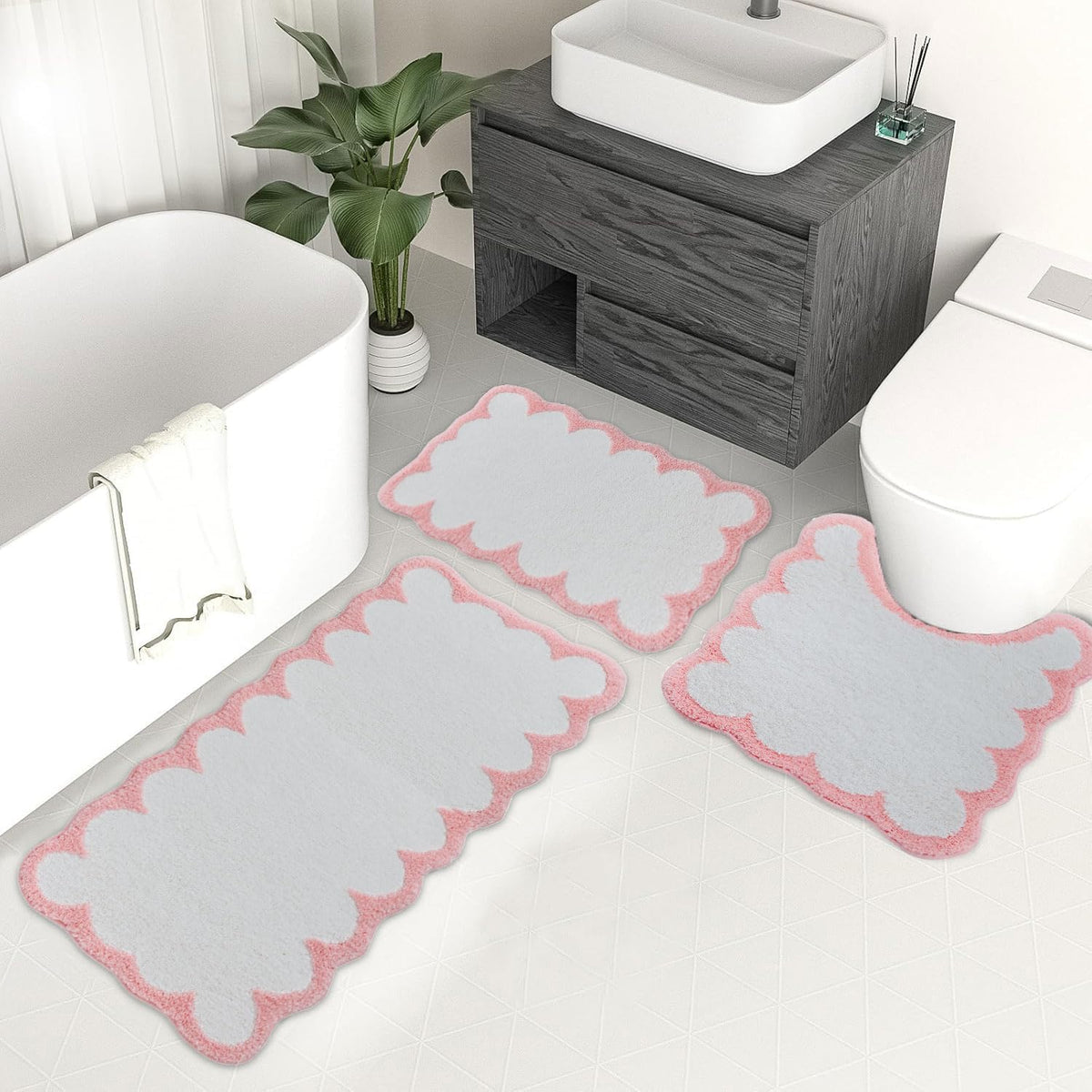Urltmaji Scalloped Bathroom Rugs Sets 3 Piece, Non-Slip Cute Bath Mat with U-Shaped Contour Quick Dry Absorbent Plush Microfiber Pink Toilet Mats Fun Machine Washable Bath Rug for Sink Tub Shower