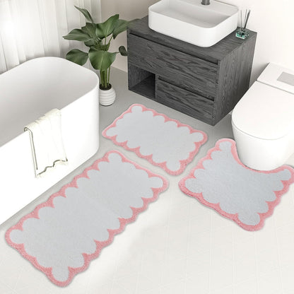Urltmaji Scalloped Bathroom Rugs Sets 3 Piece, Non-Slip Cute Bath Mat with U-Shaped Contour Quick Dry Absorbent Plush Microfiber Pink Toilet Mats Fun Machine Washable Bath Rug for Sink Tub Shower