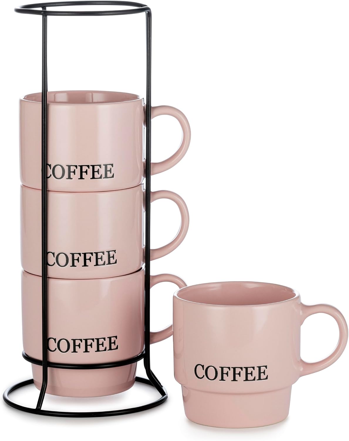 Stackable Coffee Mug Tower Set with Metal Wire Rack - 15 Ounce Coffee Mugs for Coffee, Tea, Cocoa, Milk, Cappuccino, Hot Chocolate Set of 4 - Pink Coffee