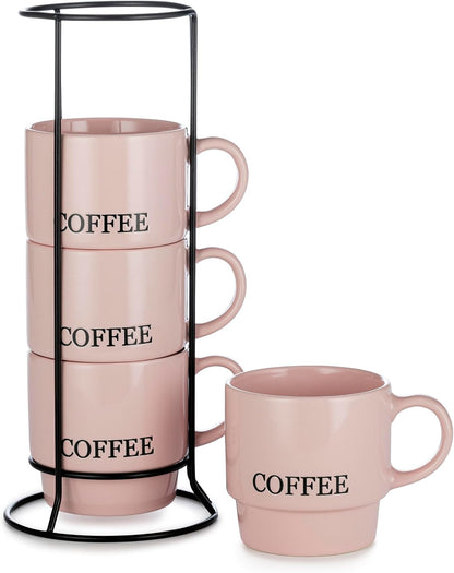Stackable Coffee Mug Tower Set with Metal Wire Rack - 15 Ounce Coffee Mugs for Coffee, Tea, Cocoa, Milk, Cappuccino, Hot Chocolate Set of 4 - Pink Coffee