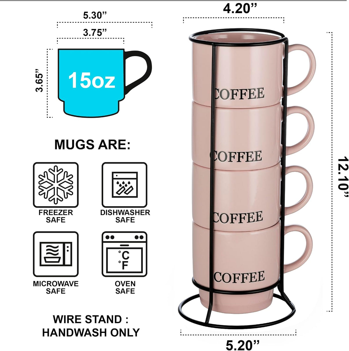 Stackable Coffee Mug Tower Set with Metal Wire Rack - 15 Ounce Coffee Mugs for Coffee, Tea, Cocoa, Milk, Cappuccino, Hot Chocolate Set of 4 - Pink Coffee