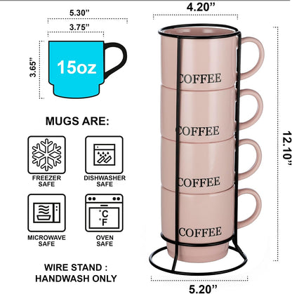 Stackable Coffee Mug Tower Set with Metal Wire Rack - 15 Ounce Coffee Mugs for Coffee, Tea, Cocoa, Milk, Cappuccino, Hot Chocolate Set of 4 - Pink Coffee