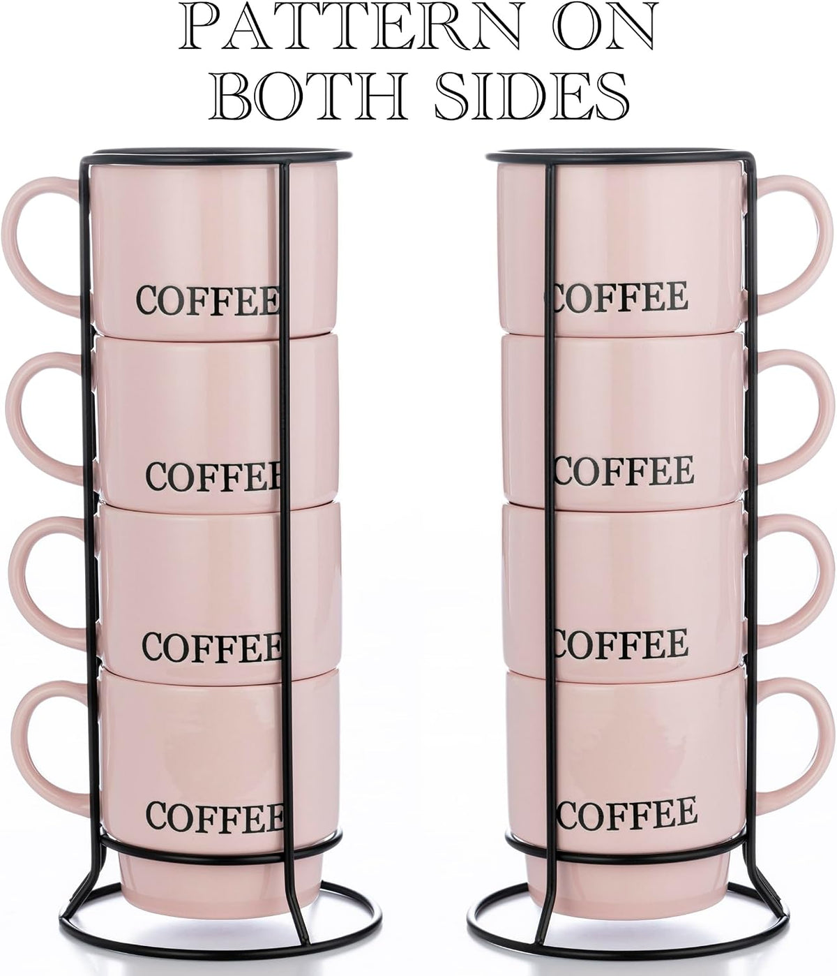 Stackable Coffee Mug Tower Set with Metal Wire Rack - 15 Ounce Coffee Mugs for Coffee, Tea, Cocoa, Milk, Cappuccino, Hot Chocolate Set of 4 - Pink Coffee